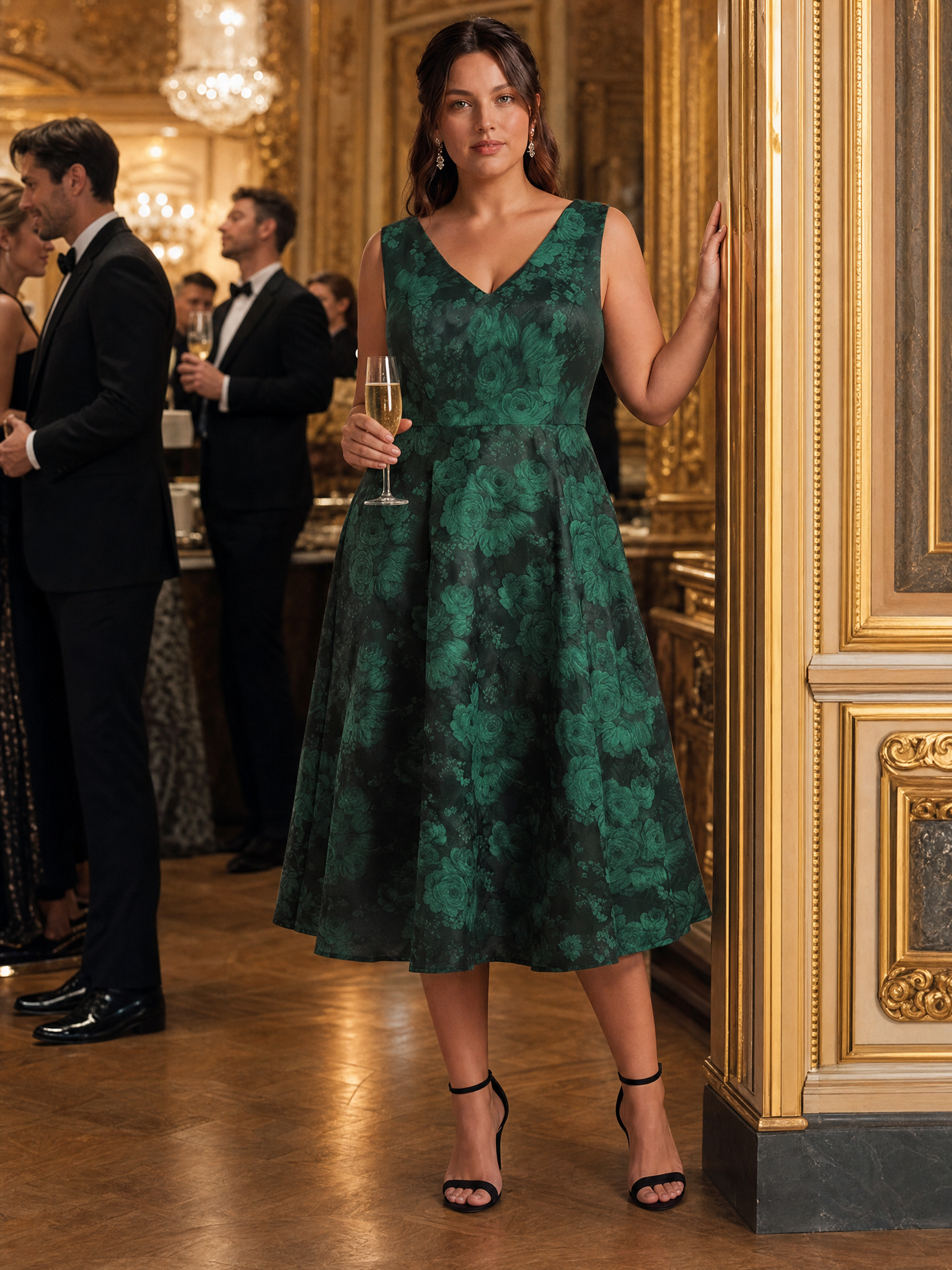 Floral Print Jacquard V-Neck Midi Wedding Guest Dress #color_Dark Green/Black