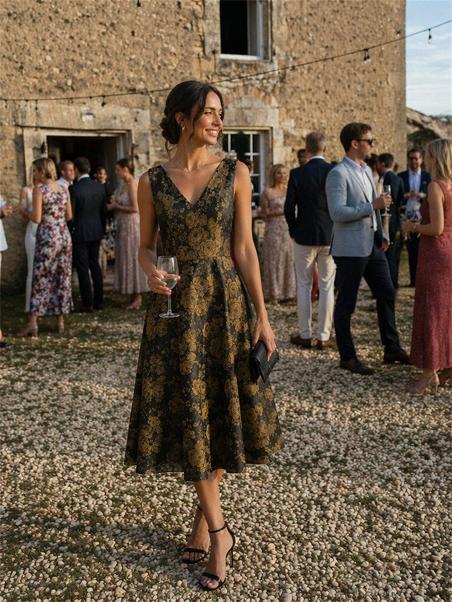 Floral Print Jacquard V-Neck Midi Wedding Guest Dress #color_Black/Gold