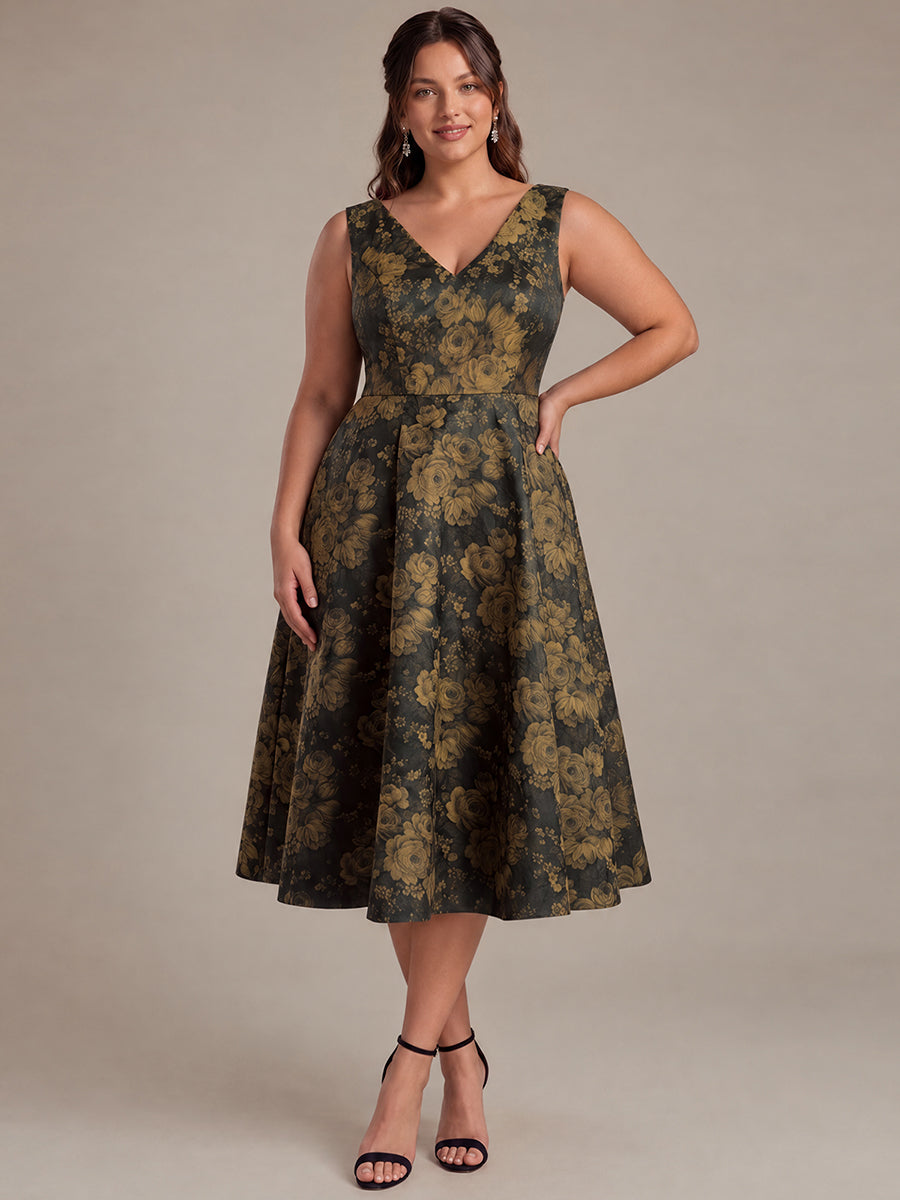 Plus Size Floral Print Jacquard Cap Sleeve Wedding Guest Dress #color_Black/Gold