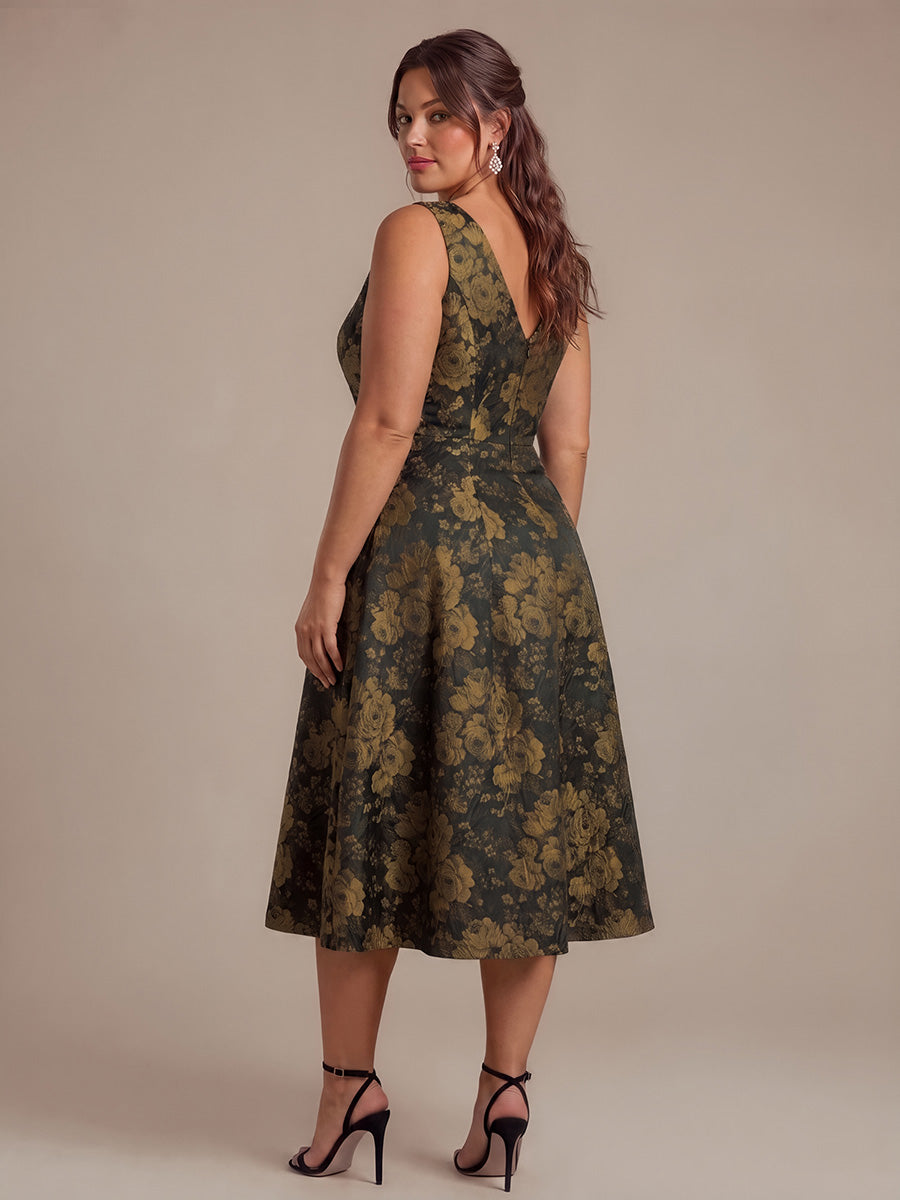 Floral Print Jacquard V-Neck Midi Wedding Guest Dress #color_Black/Gold