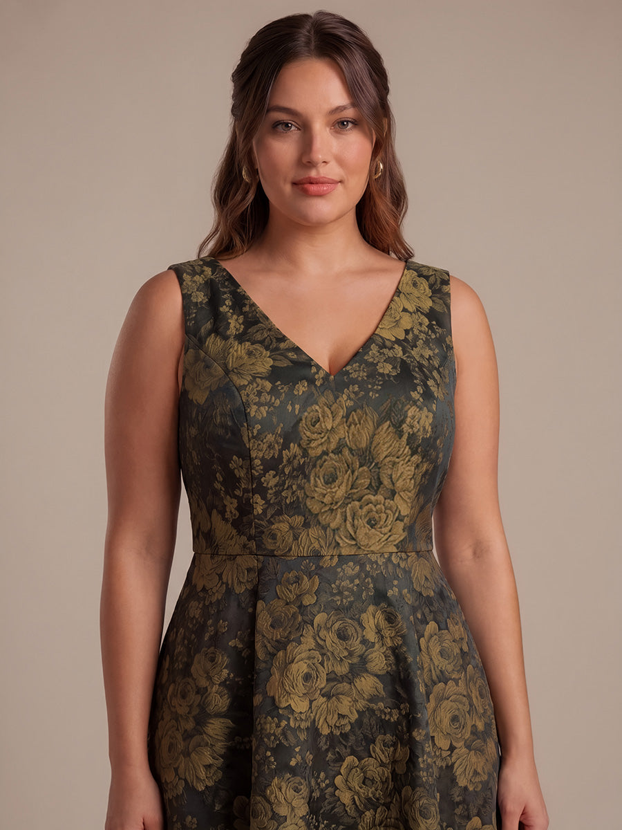 Floral Print Jacquard V-Neck Midi Wedding Guest Dress #color_Black/Gold