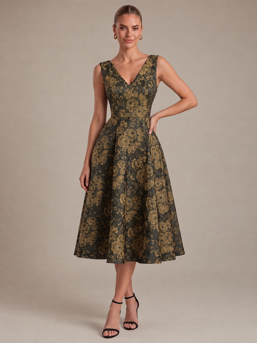 Floral Print Jacquard V-Neck Midi Wedding Guest Dress #color_Black/Gold