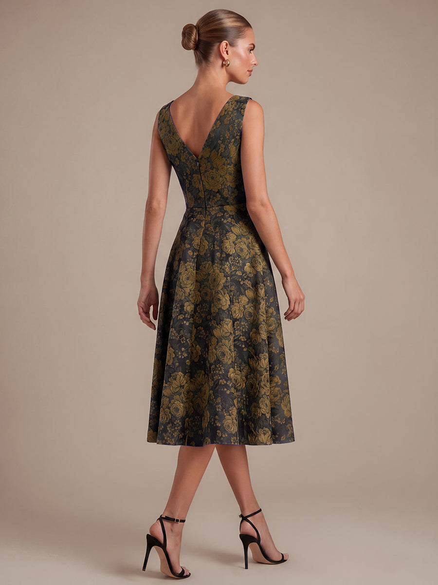 Floral Print Jacquard V-Neck Midi Wedding Guest Dress #color_Black & Gold