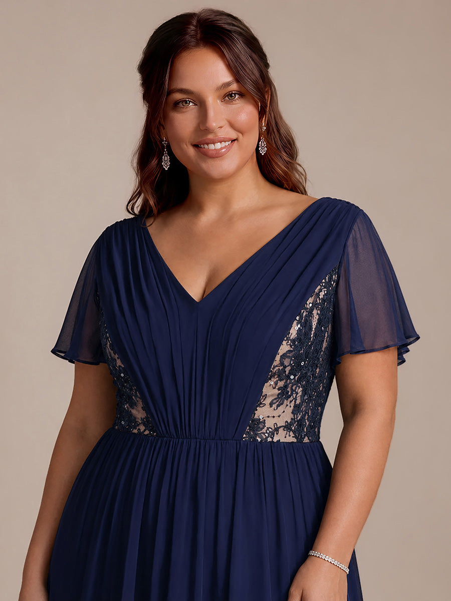 See-through Chiffon Ruffle Sleeve Wedding Guest Dress #color_Navy Blue