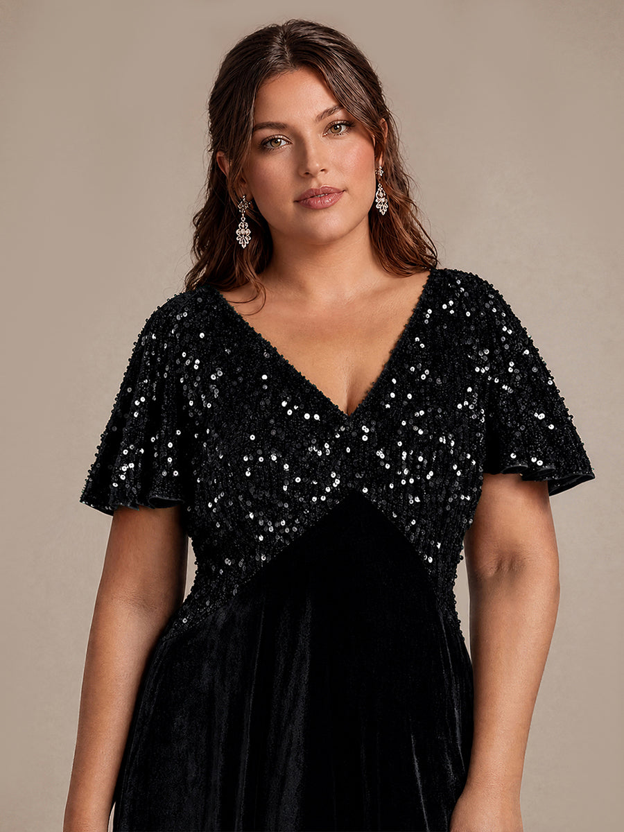 Sequin Velvet Ruffle Sleeve Wedding Guest Dress #color_Black
