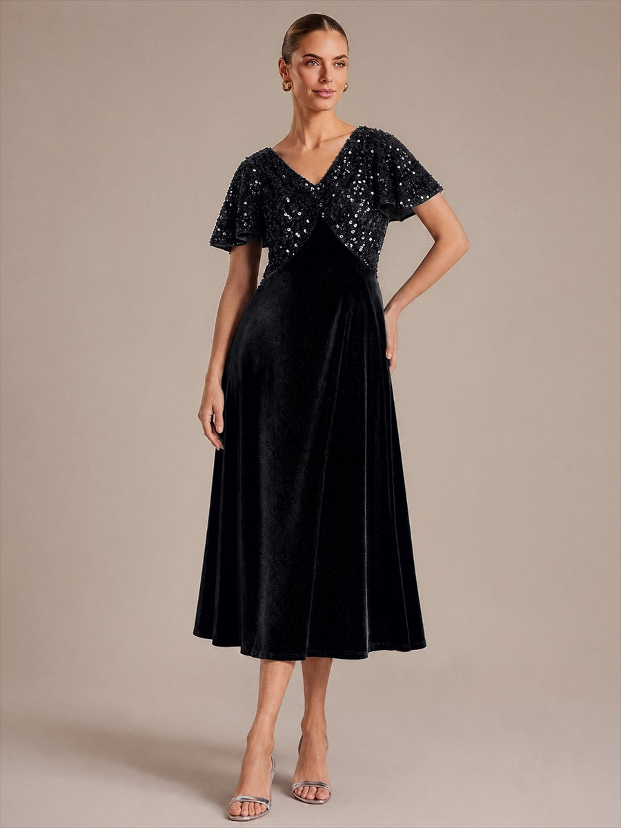 Sequin Velvet Ruffle Sleeve Wedding Guest Dress #color_Black