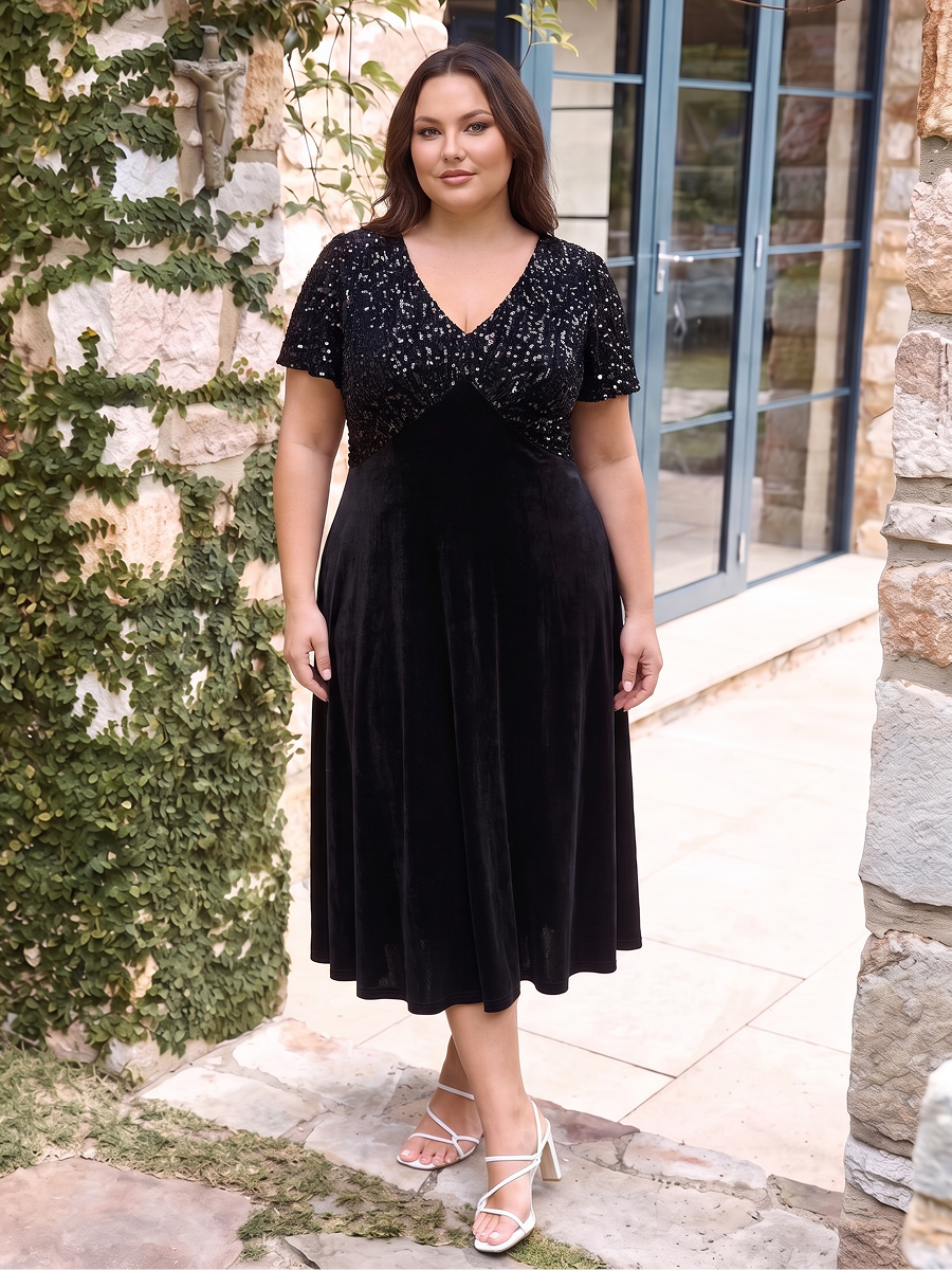 Plus Size Sequin Velvet Wedding Guest Dress #color_Black
