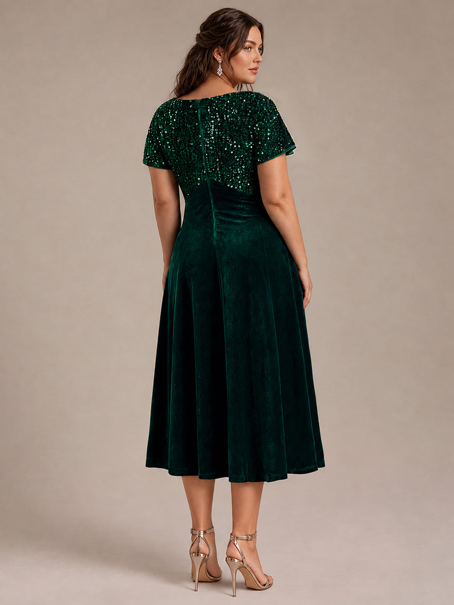 Plus Size Sequin Velvet Wedding Guest Dress #color_Dark Green