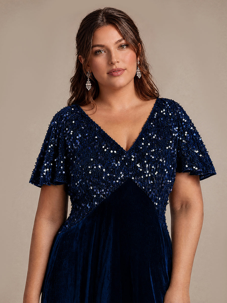 Sequin Velvet Ruffle Sleeve Wedding Guest Dress #color_Navy Blue