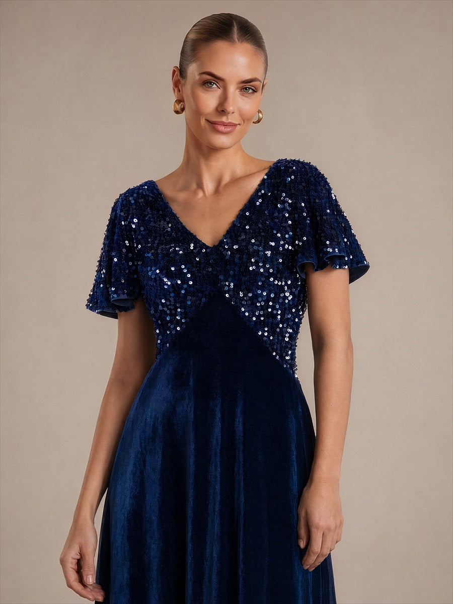 Sequin Velvet Ruffle Sleeve Wedding Guest Dress #color_Navy Blue