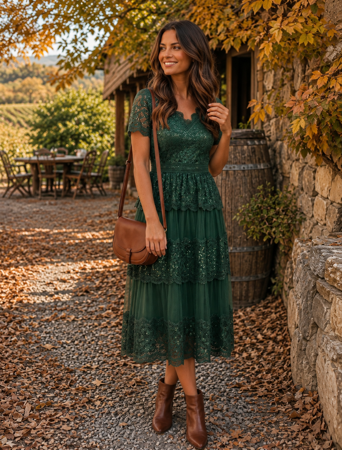 Lace Ruffle Sleeve A-Line Wedding Guest Dress #color_Dark Green