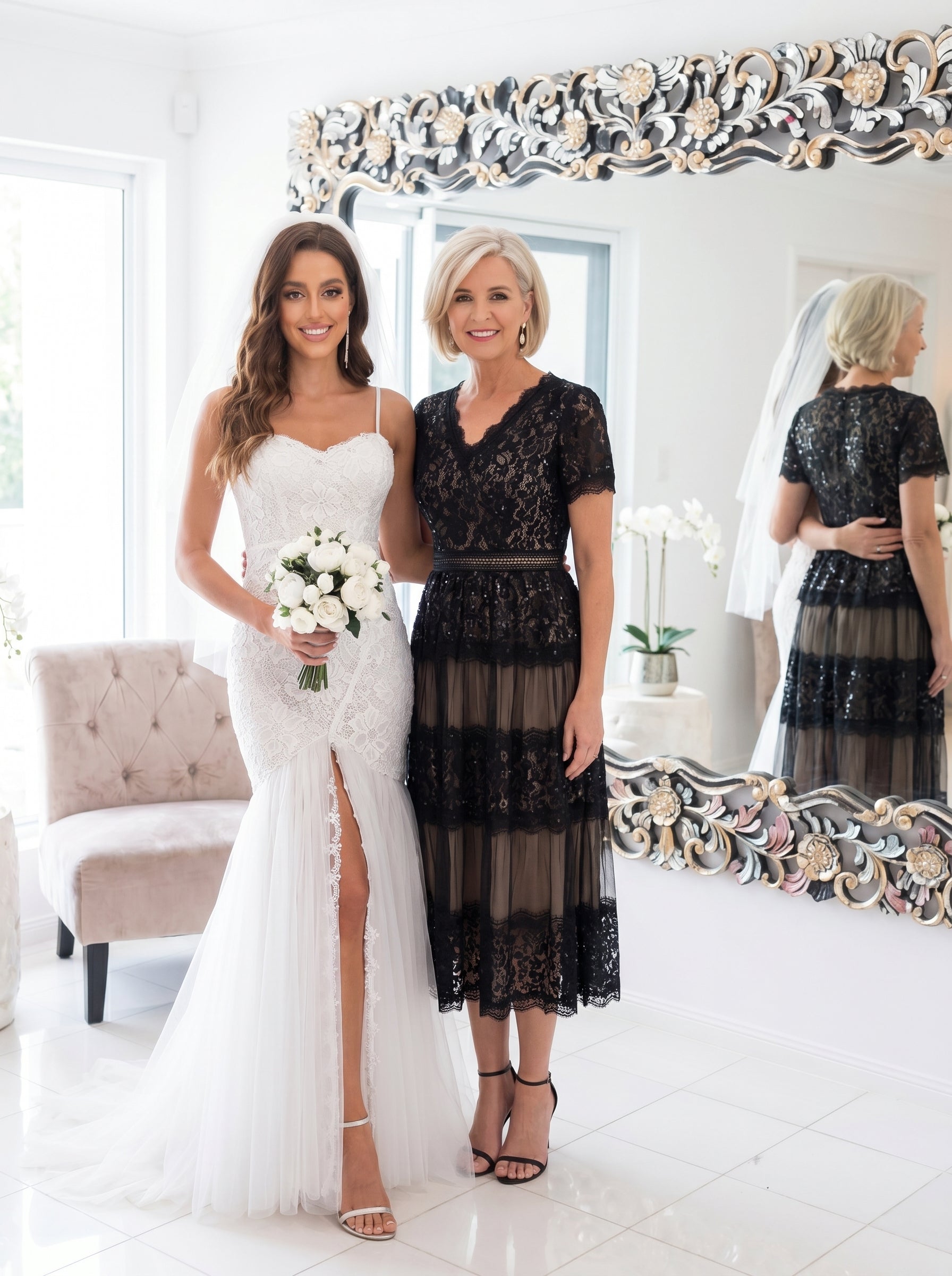 Lace Ruffle Sleeve A-Line Wedding Guest Dress #color_Black