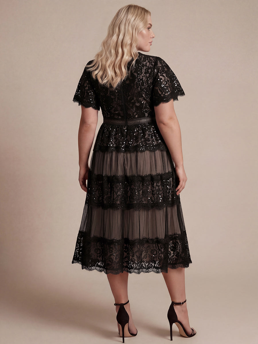 Plus Size Tiered Tulle Lace Wedding Guest Dress #color_Black