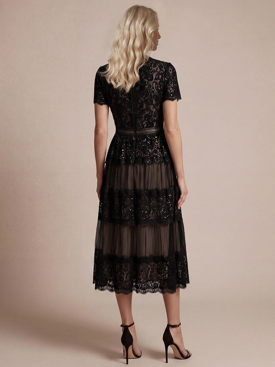 Lace Ruffle Sleeve A-Line Wedding Guest Dress #color_Black