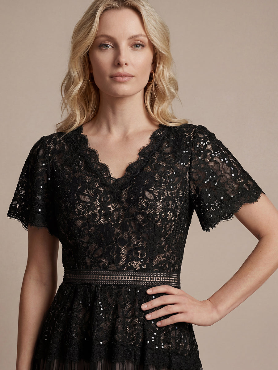 Lace Ruffle Sleeve A-Line Wedding Guest Dress #color_Black