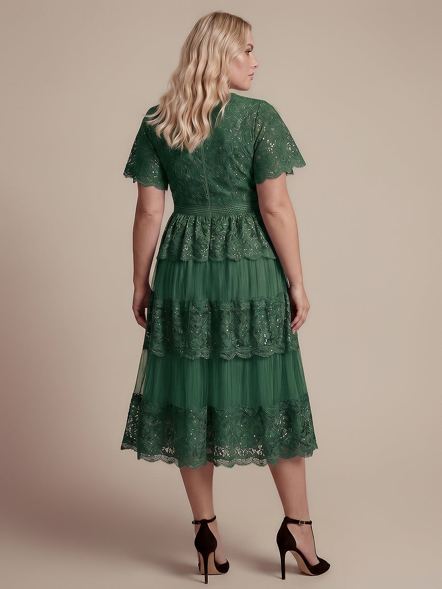 Lace Ruffle Sleeve A-Line Wedding Guest Dress #color_Dark Green