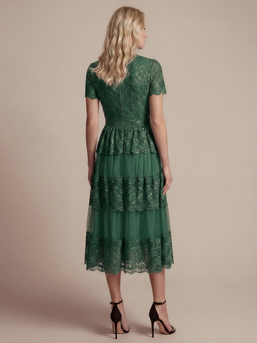 Lace Ruffle Sleeve A-Line Wedding Guest Dress #color_Dark Green
