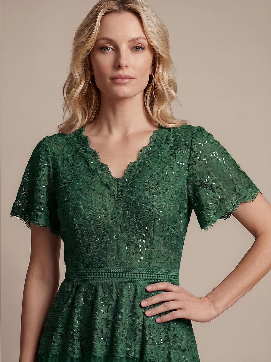 Lace Ruffle Sleeve A-Line Wedding Guest Dress #color_Dark Green