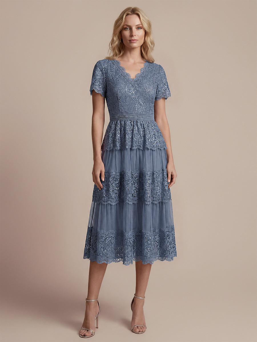 Lace Ruffle Sleeve A-Line Wedding Guest Dress #color_Dusty Blue