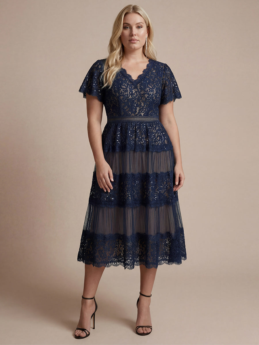 Plus Size Tiered Tulle Lace Wedding Guest Dress #color_Navy Blue