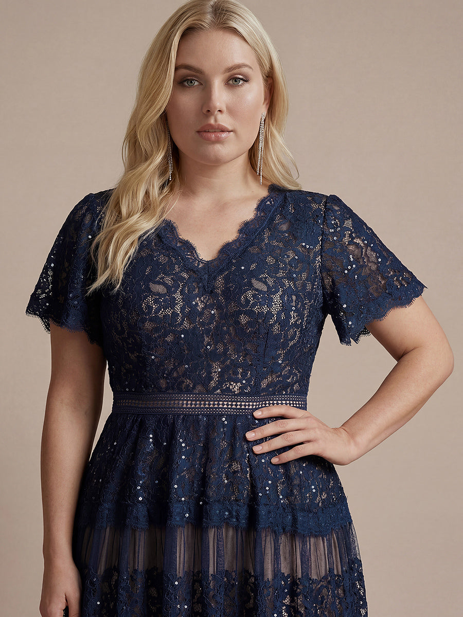 Lace Ruffle Sleeve A-Line Wedding Guest Dress #color_Navy Blue