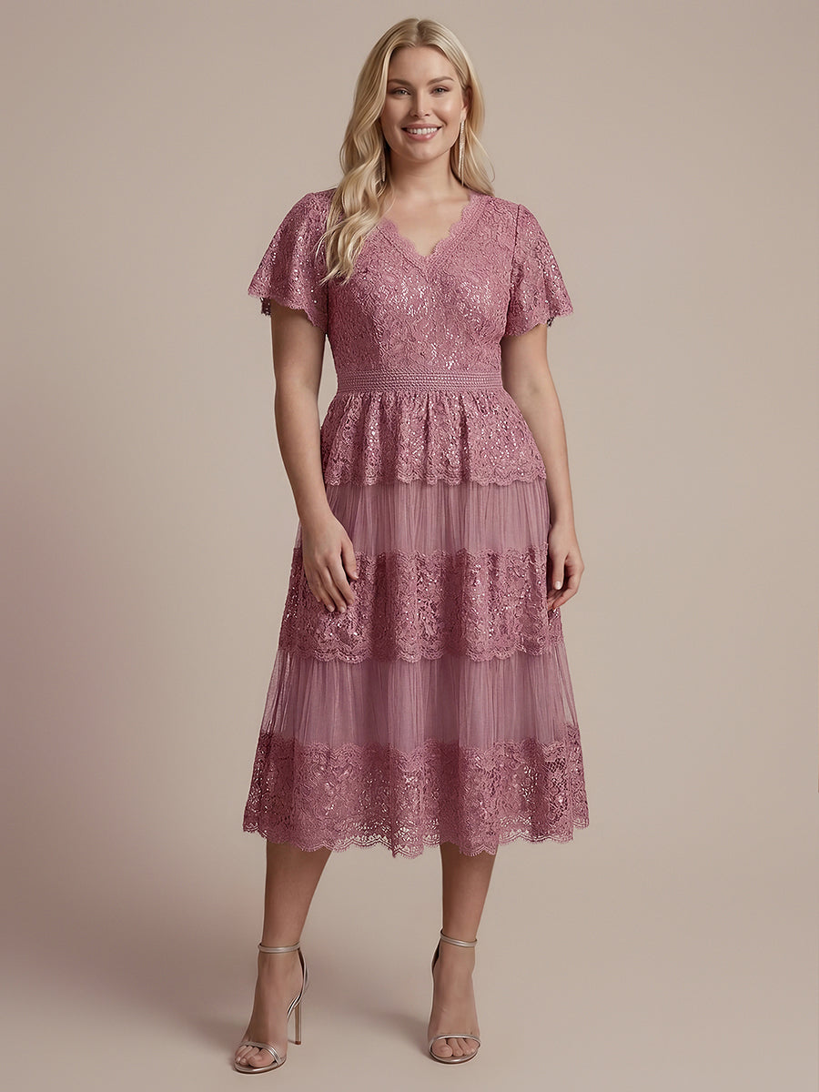Lace Ruffle Sleeve A-Line Wedding Guest Dress #color_Purple Orchid
