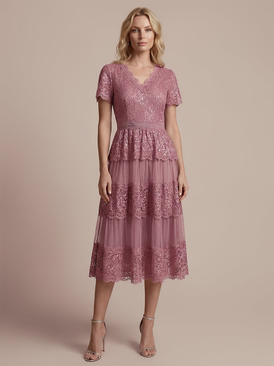 Lace Ruffle Sleeve A-Line Wedding Guest Dress #color_Purple Orchid