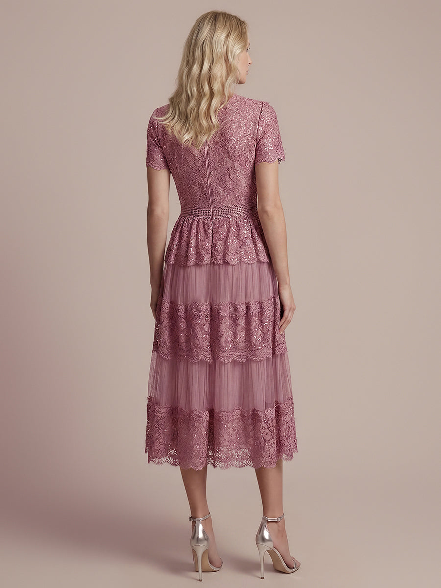 Lace Ruffle Sleeve A-Line Wedding Guest Dress #color_Purple Orchid