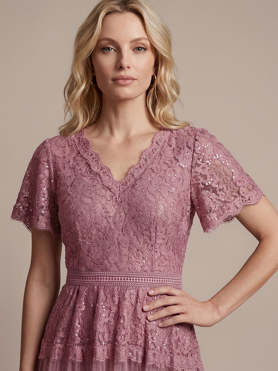 Lace Ruffle Sleeve A-Line Wedding Guest Dress #color_Purple Orchid