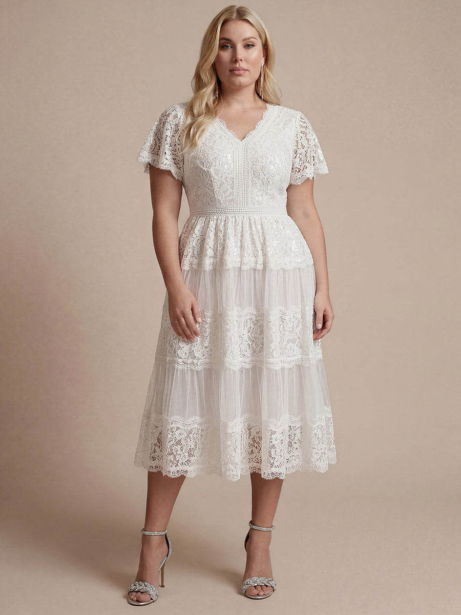 Plus Size Tiered Tulle Lace Wedding Guest Dress #color_White