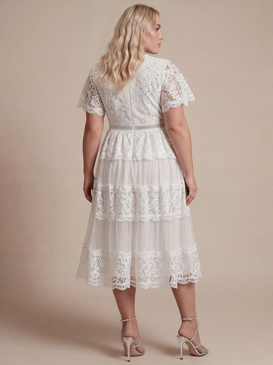 Plus Size Tiered Tulle Lace Wedding Guest Dress #color_White