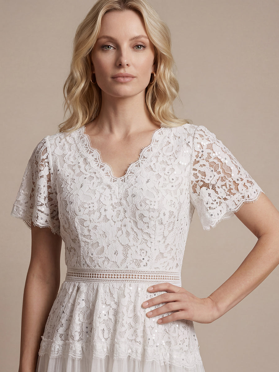 Lace Ruffle Sleeve A-Line Wedding Guest Dress #color_White