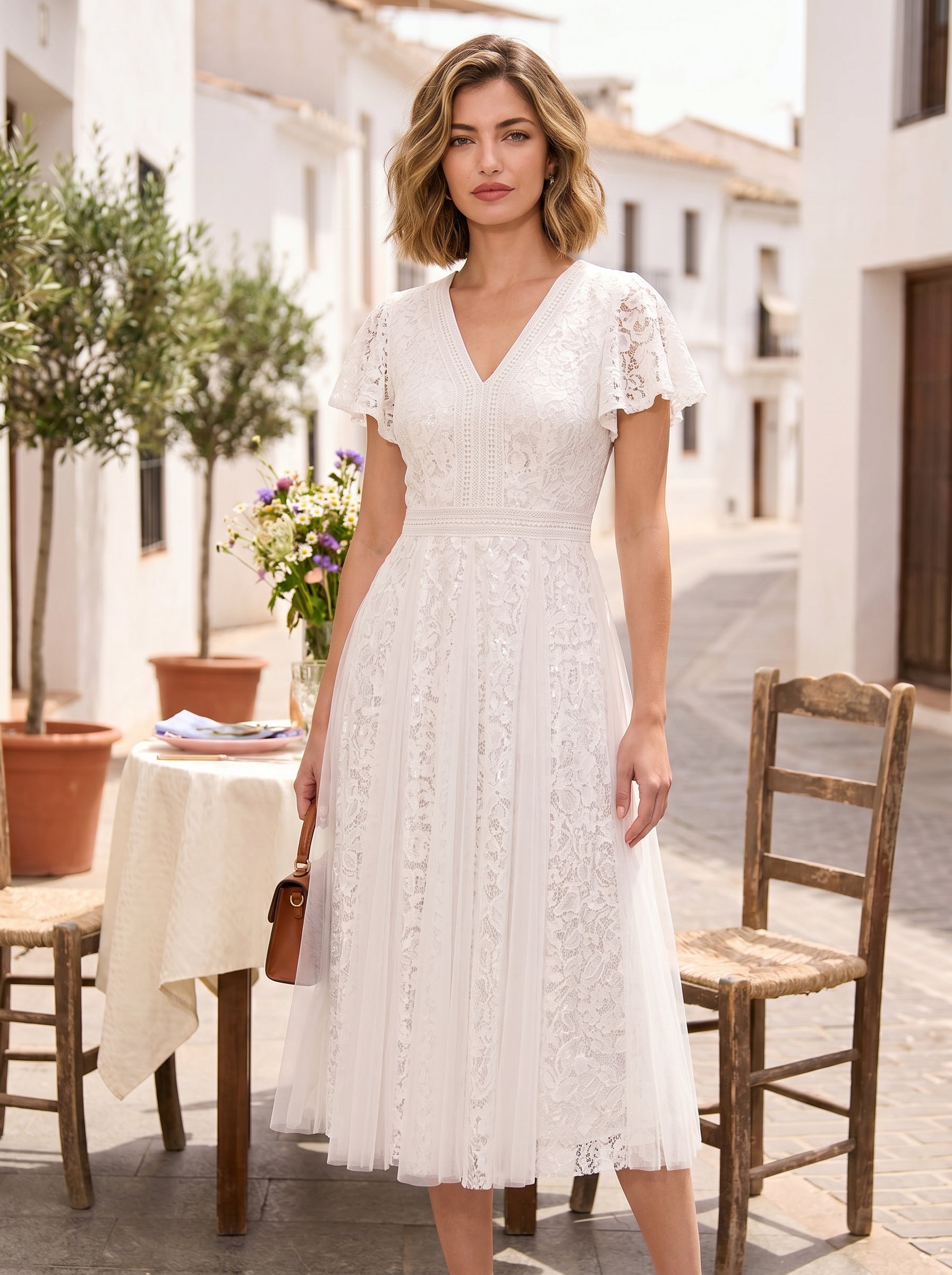 Lace Ruffle Sleeve A-Line Wedding Guest Dress #color_White