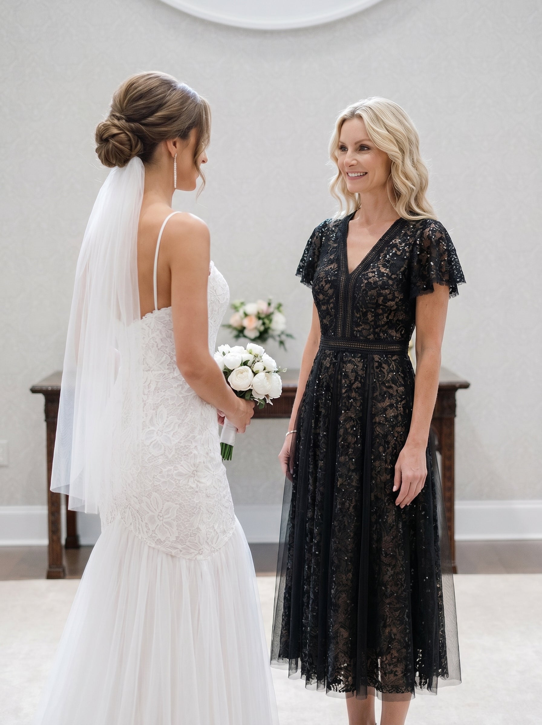 Lace Ruffle Sleeve A-Line Wedding Guest Dress #color_Black