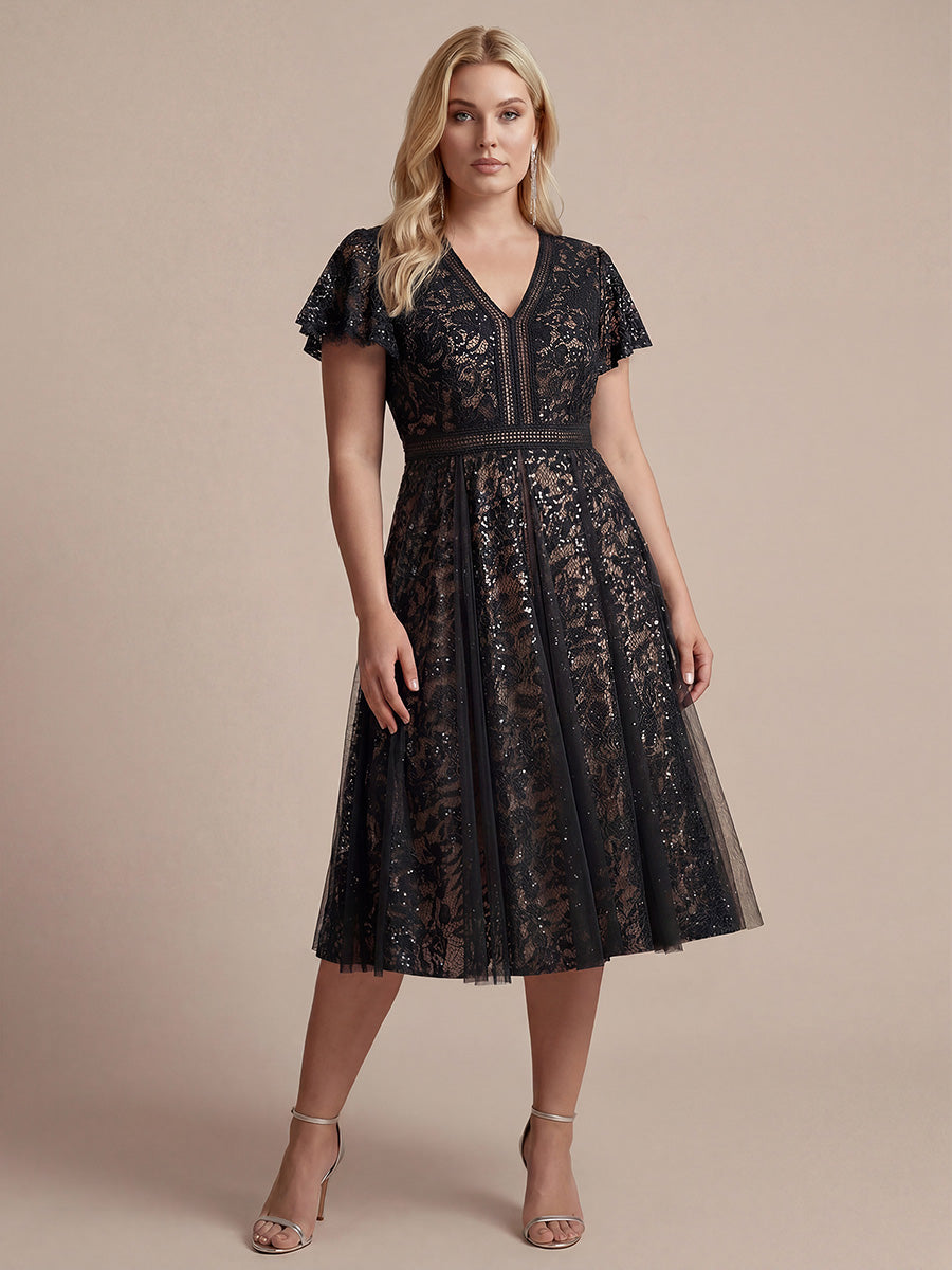 Plus Size Lace Ruffle Sleeve Wedding Guest Dress #color_Black
