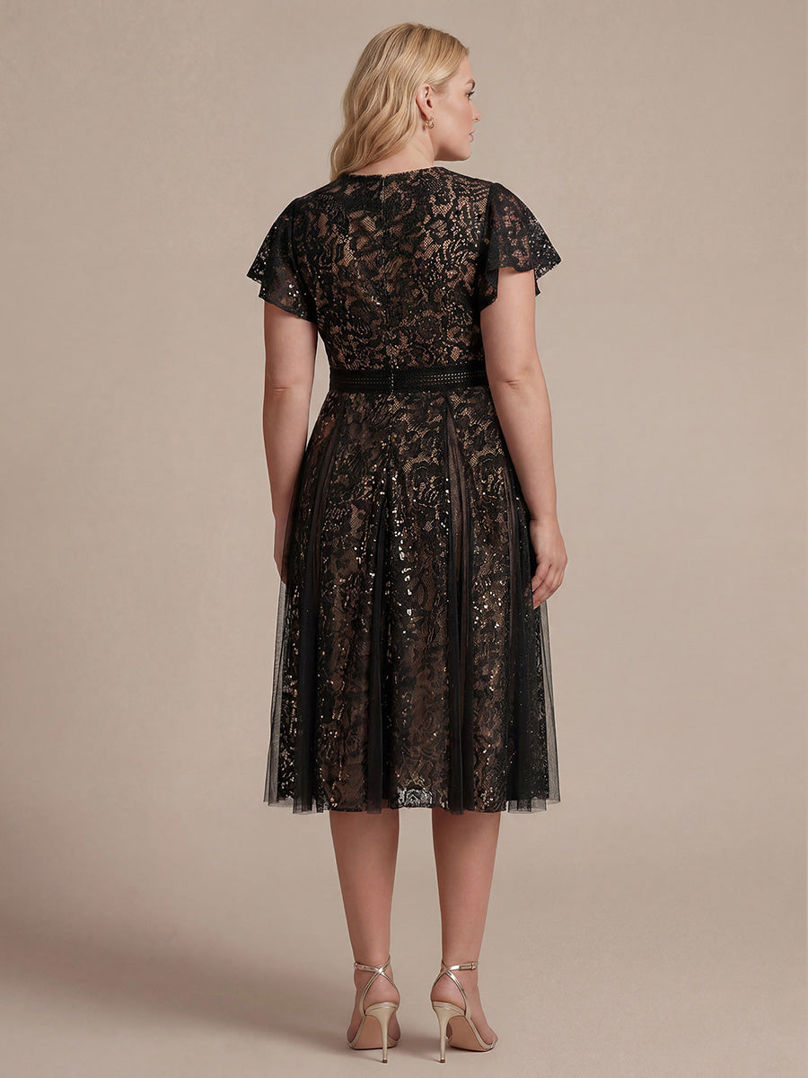 Plus Size Lace Ruffle Sleeve Wedding Guest Dress #color_Black