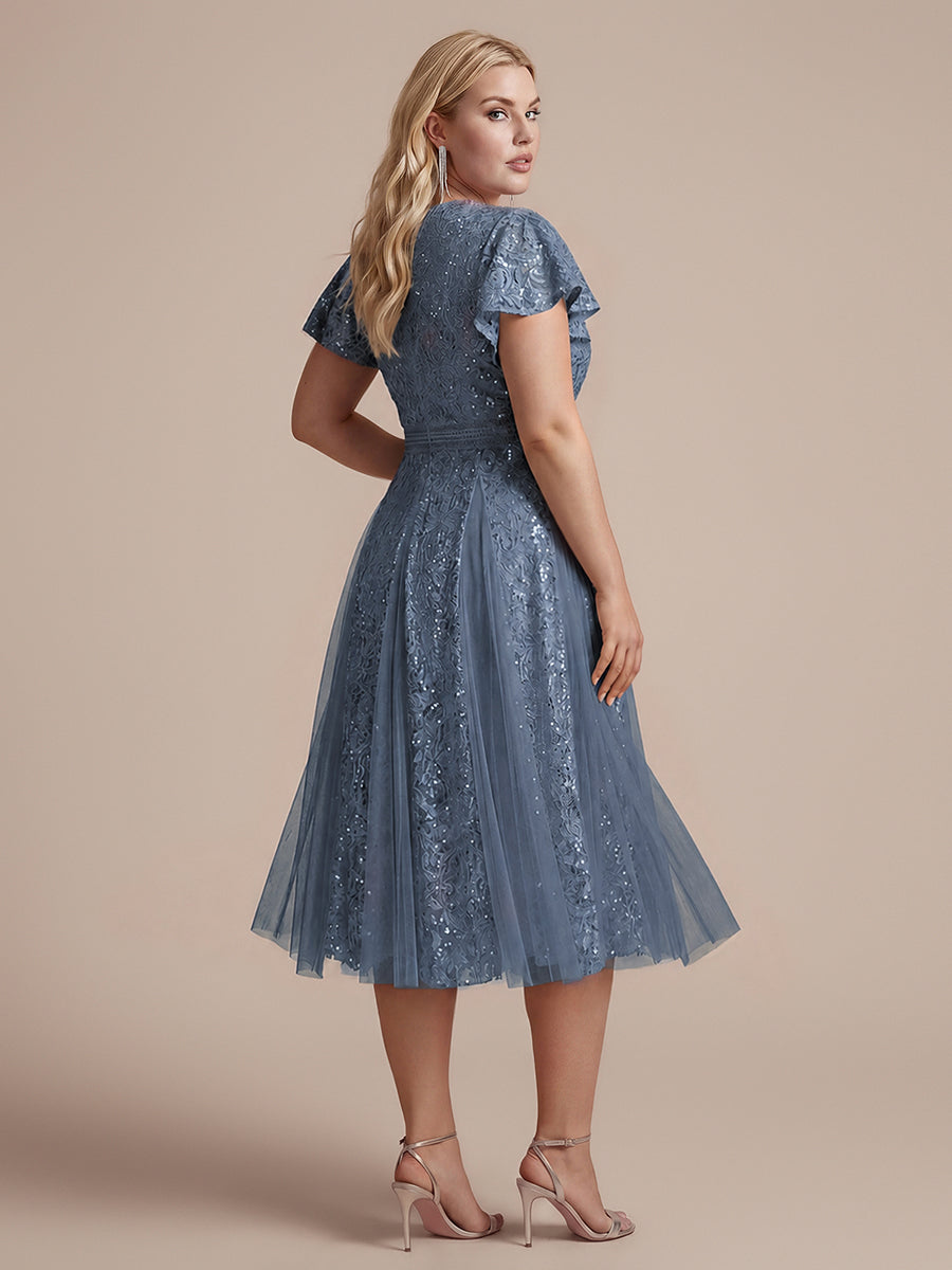 Plus Size Lace Ruffle Sleeve Wedding Guest Dress #color_Dusty Blue