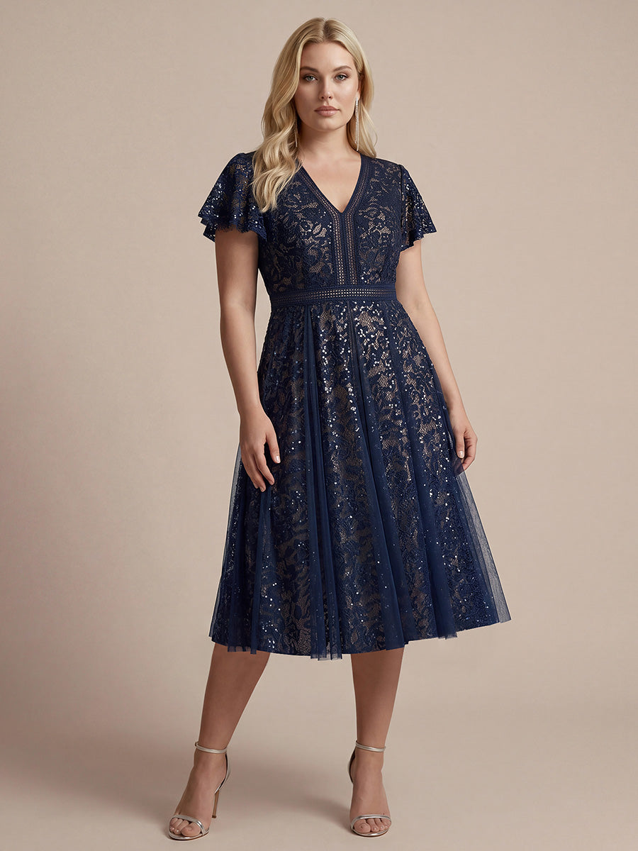 Plus Size Lace Ruffle Sleeve Wedding Guest Dress #color_Navy Blue