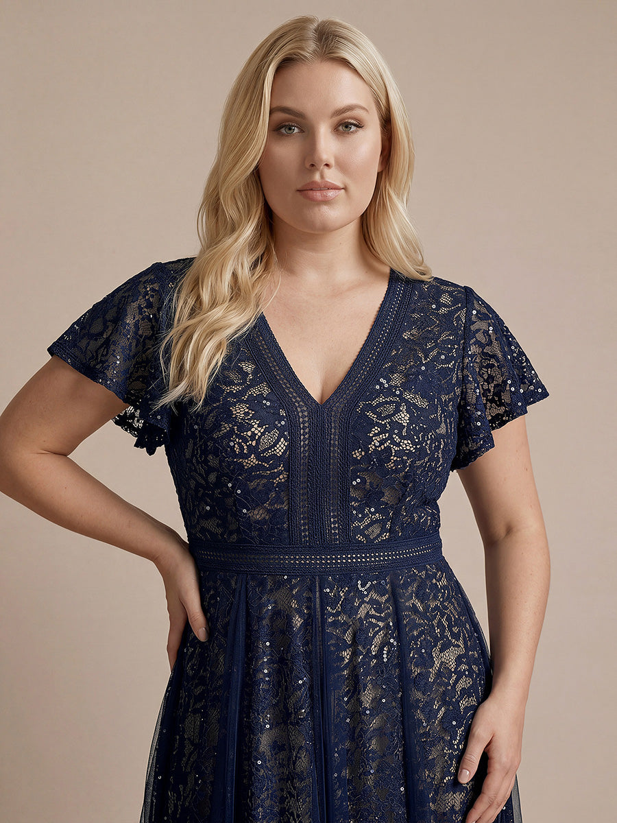 Plus Size Lace Ruffle Sleeve Wedding Guest Dress #color_Navy Blue