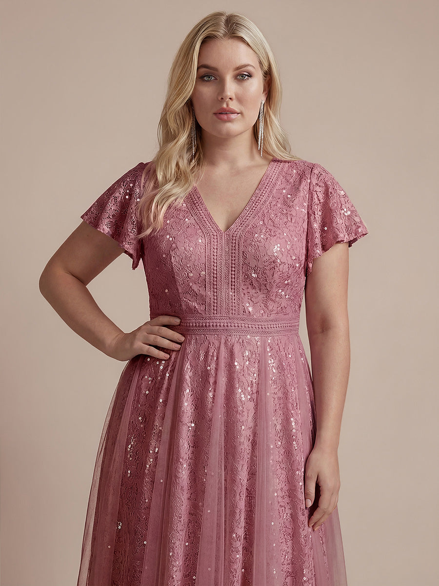 Plus Size Lace Ruffle Sleeve Wedding Guest Dress #color_Purple Orchid