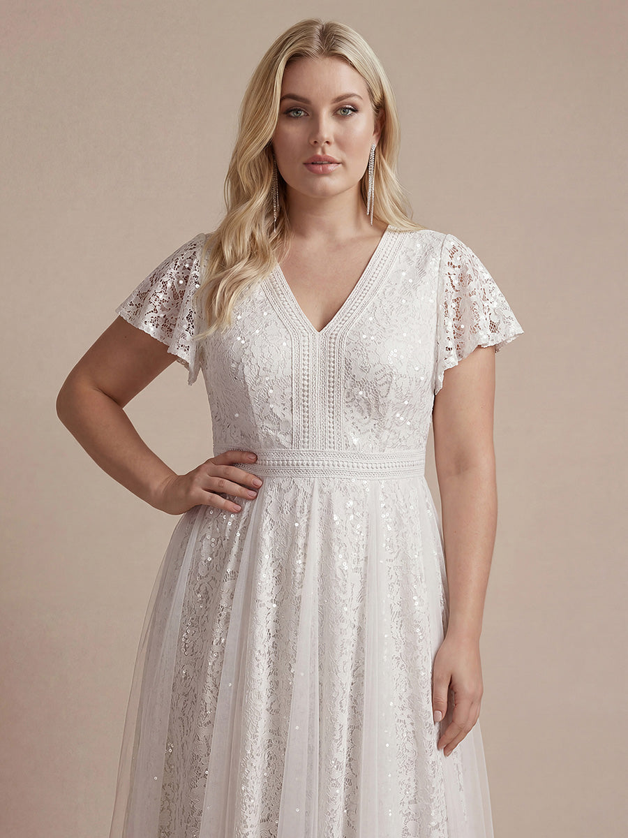 Plus Size Lace Ruffle Sleeve Wedding Guest Dress #color_White