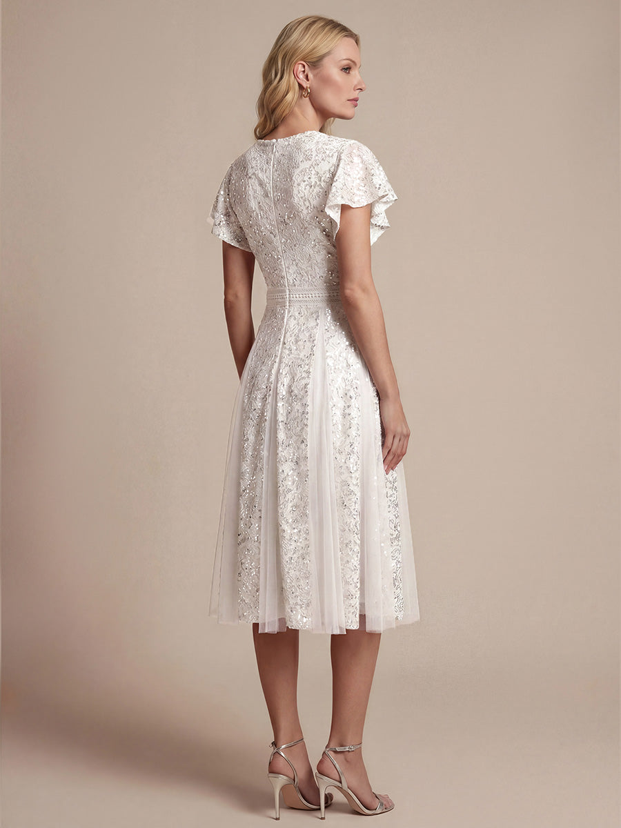 Lace Ruffle Sleeve A-Line Wedding Guest Dress #color_White