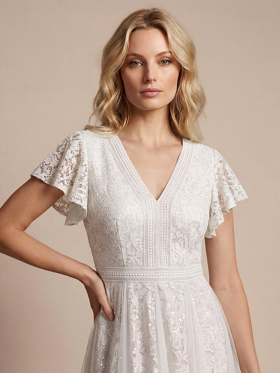 Lace Ruffle Sleeve A-Line Wedding Guest Dress #color_White