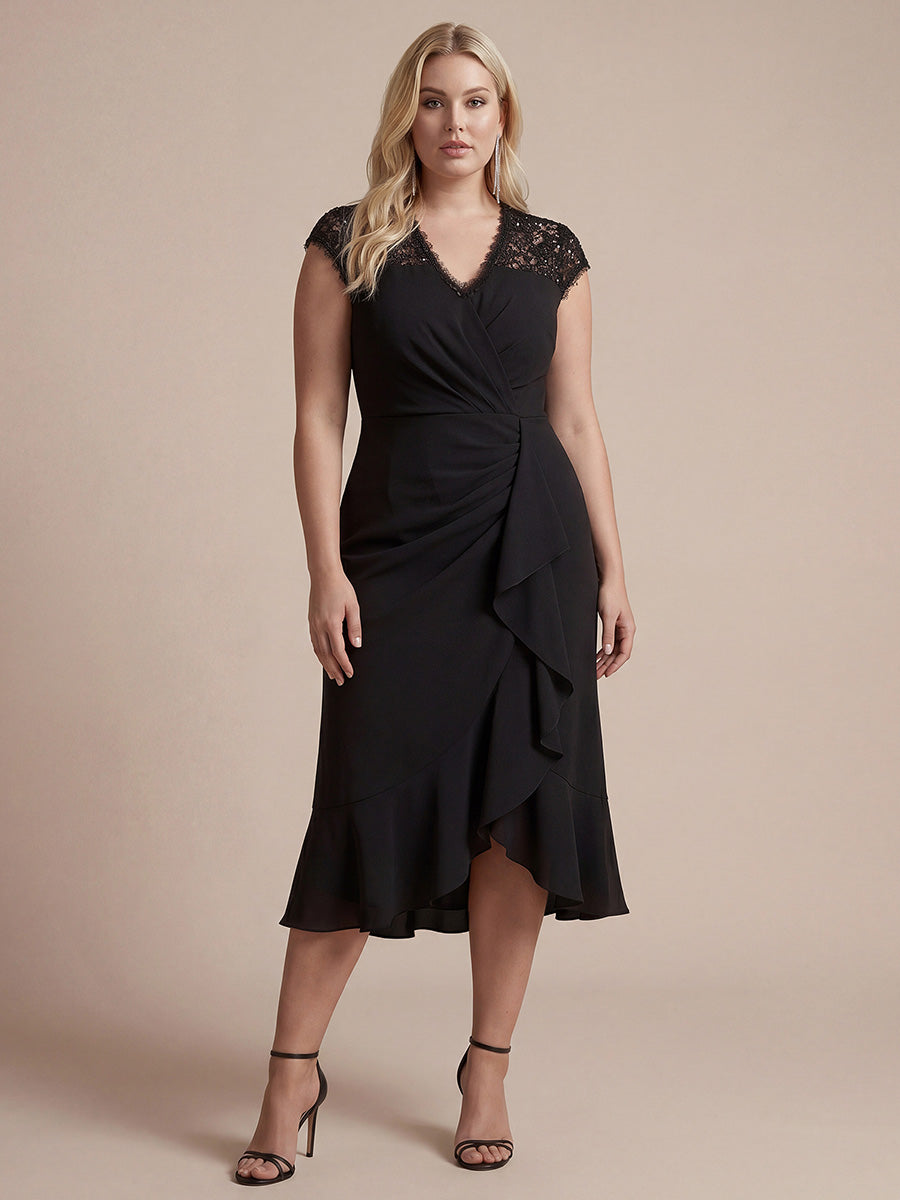Plus Size Lace Cap Sleeve Wedding Guest Dress #color_Black