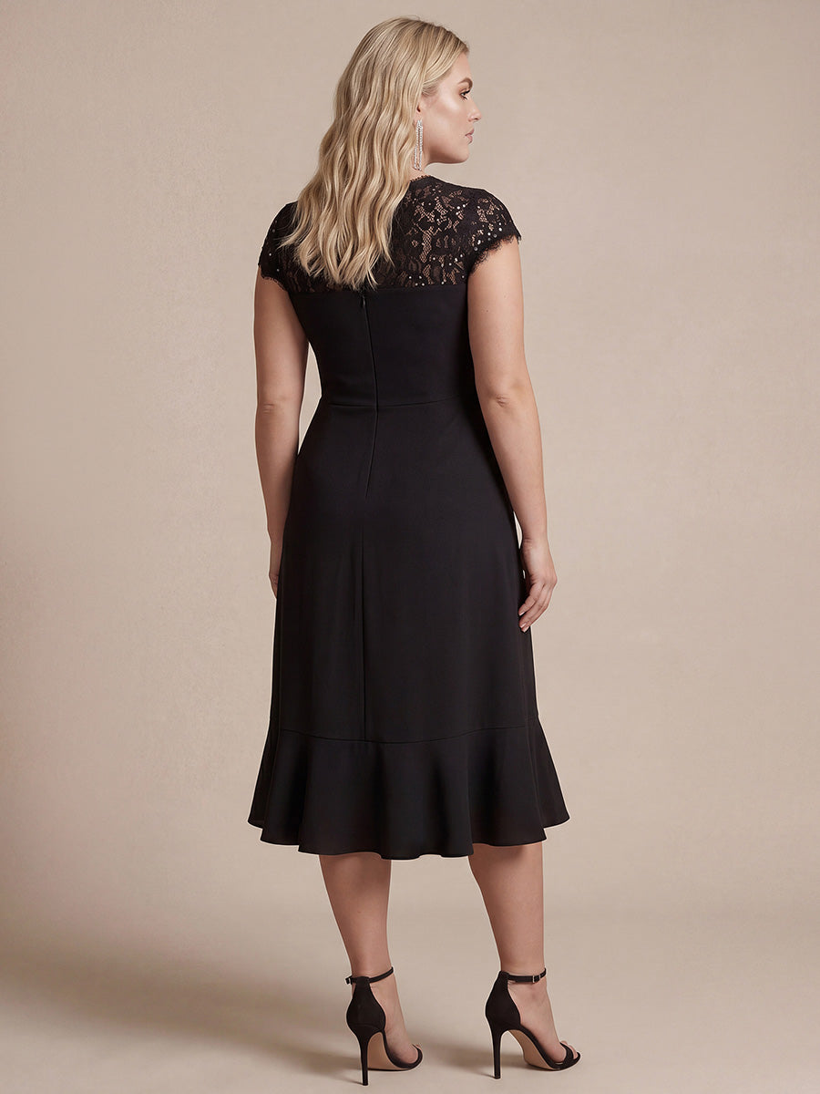 Lace Cap Sleeve Mermaid Wedding Guest Dress #color_Black