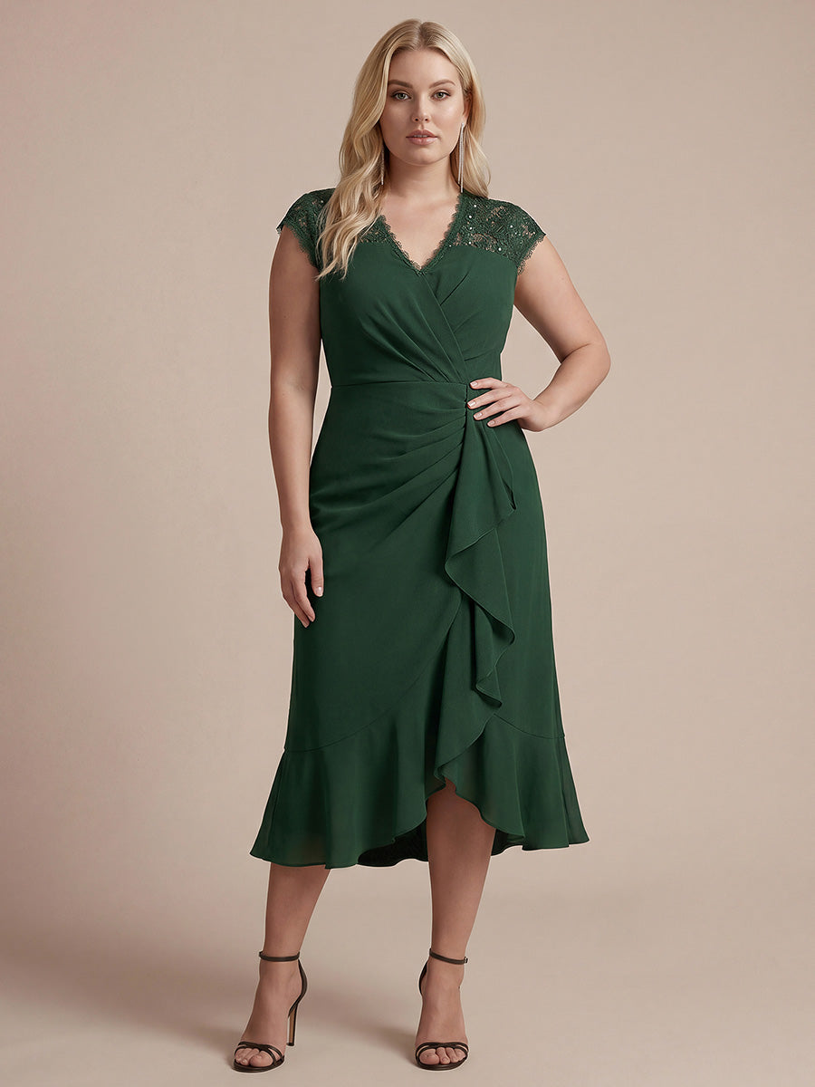 Plus Size Lace Cap Sleeve Wedding Guest Dress #color_Dark Green