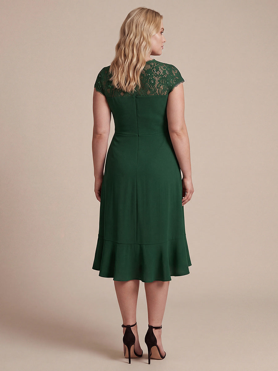 Plus Size Lace Cap Sleeve Wedding Guest Dress #color_Dark Green