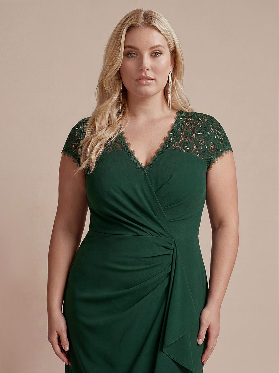 Plus Size Lace Cap Sleeve Wedding Guest Dress #color_Dark Green
