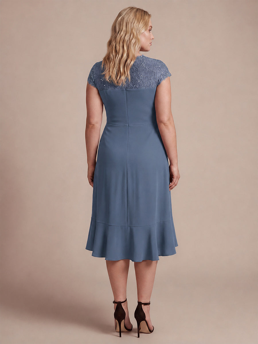 Plus Size Lace Cap Sleeve Wedding Guest Dress #color_Dusty Blue