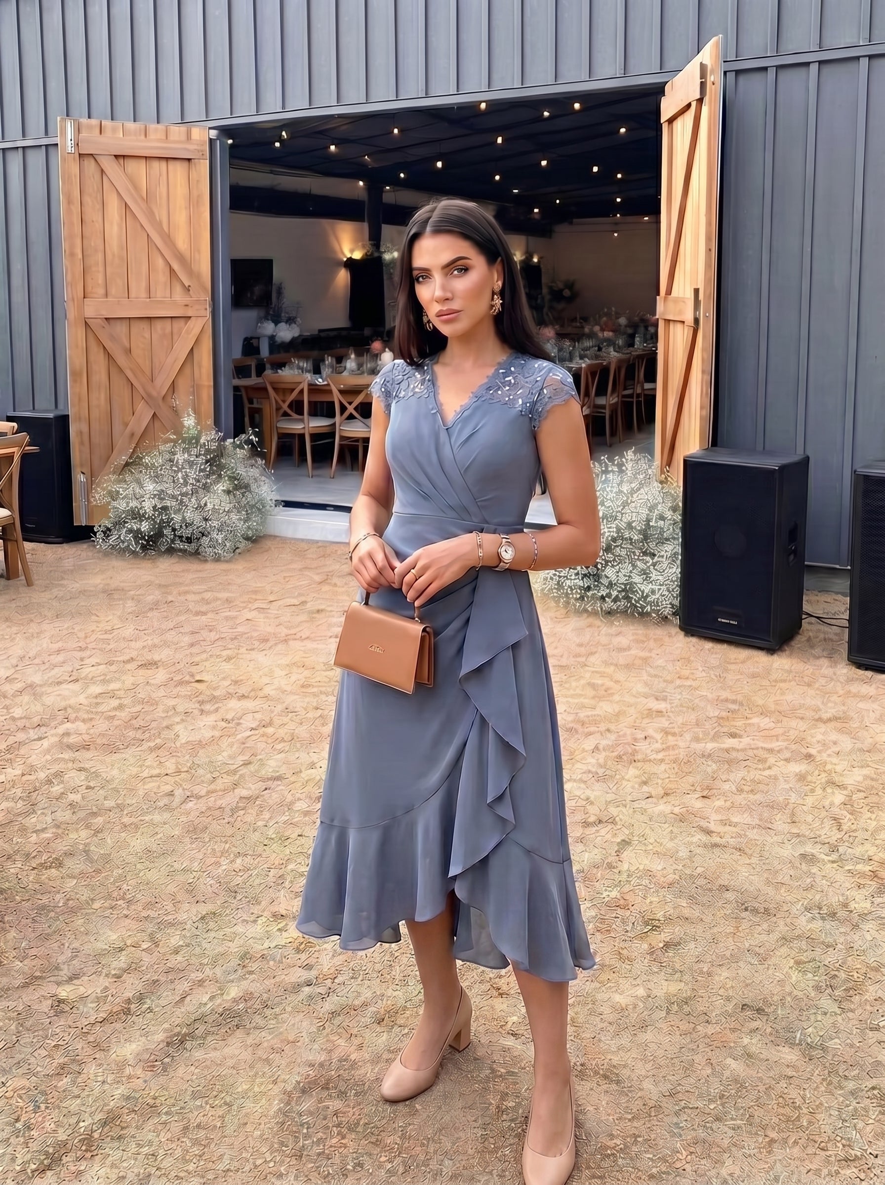 Lace Cap Sleeve Mermaid Wedding Guest Dress #color_Dusty Blue